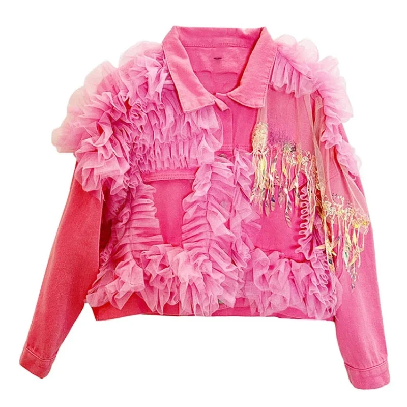 Harajuku Women Pink Beaded Denim Bomber Jacket Mesh Spliced Sequined Tassels Coat Gauze Pleated Jeans Cardigan Outwear Crop Tops