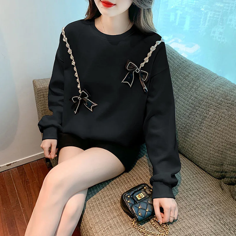 Woman Sweatshirts 2022 Sweet Korean O-neck Bow embroidery Pullovers Autumn Winter black Loose Hoodies Solid Womens big Clothing