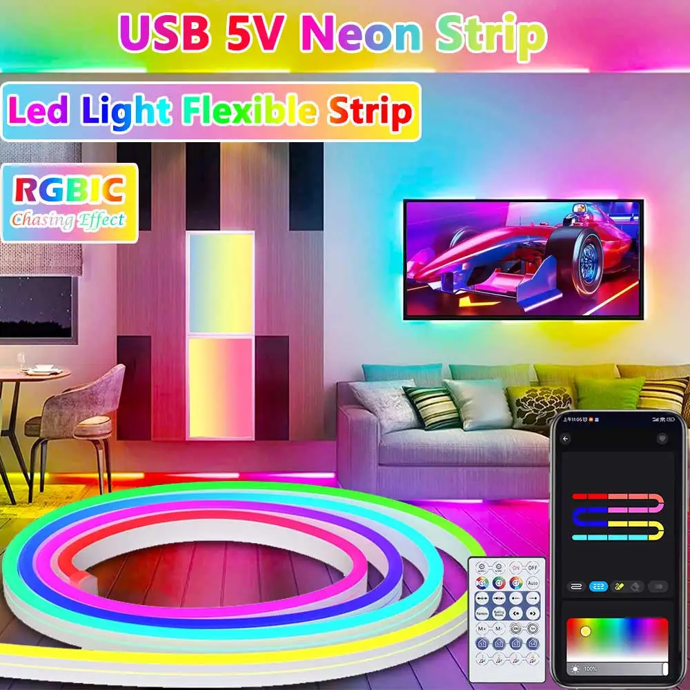 5V Neon Strip Light RGBIC Bluetooth Neon Led Strip Lights 1M 2M 3M 5M Waterproof Flex Ribbon Led Tape for Room Wall Decor Strip