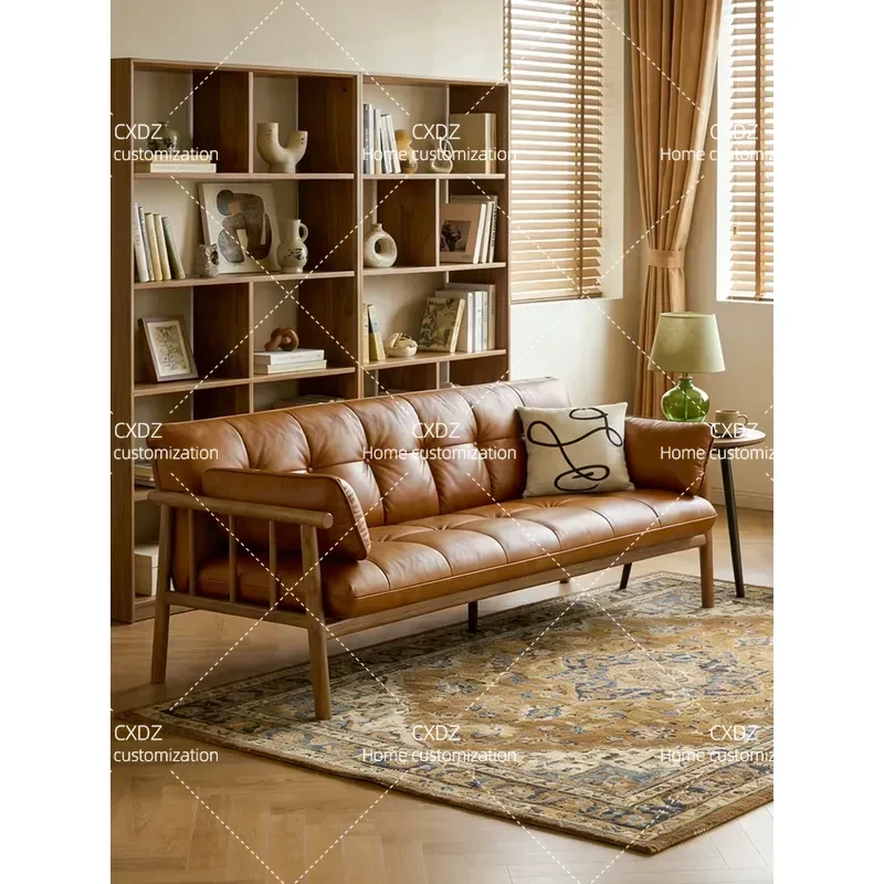 Japanese Style Solid Wood Leather Sofa 3 Seater Simple Straight Row Couch for Living Room Bedroom Small Apartment Furniture