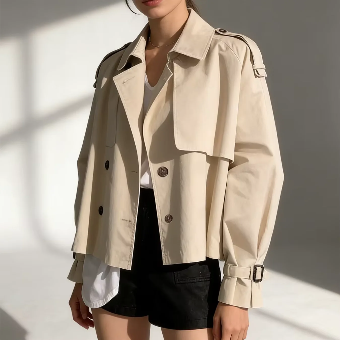 

2025 Fall Women's Niche Collar Design Trench Coat – Double-Breasted, Oversized Short-Length, Long Sleeve