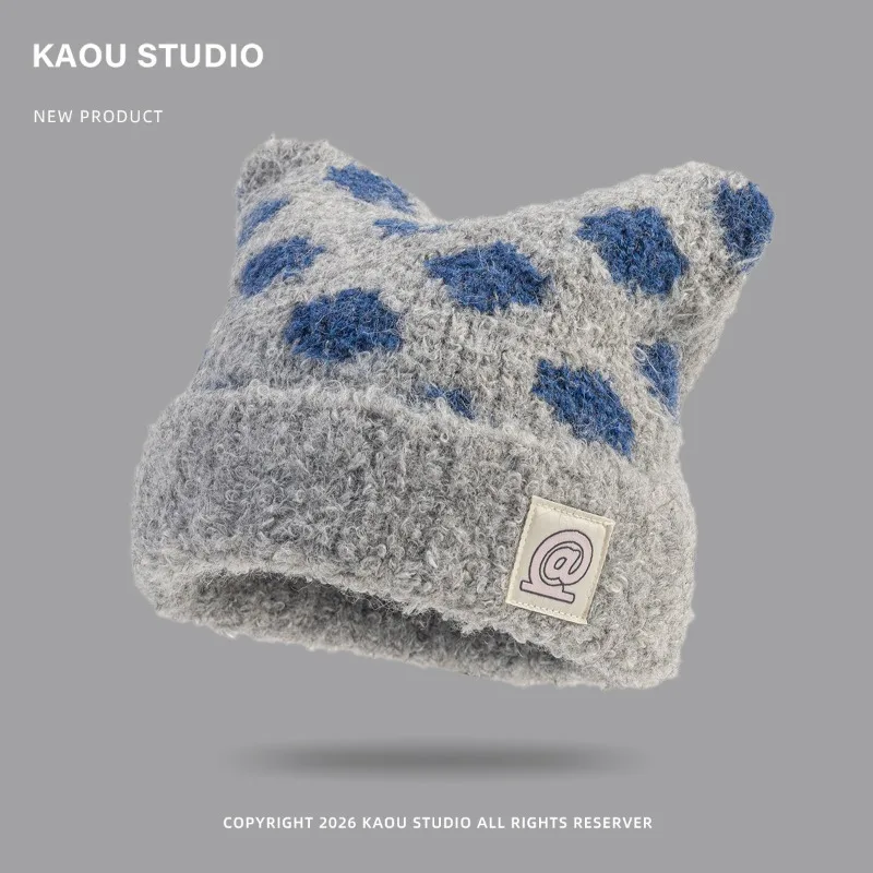 Koreanische Polka-Dot-Katzenohren-Strickmütze für Damen, süße, warme Mütze für Herbst und Winter. – Detail 4