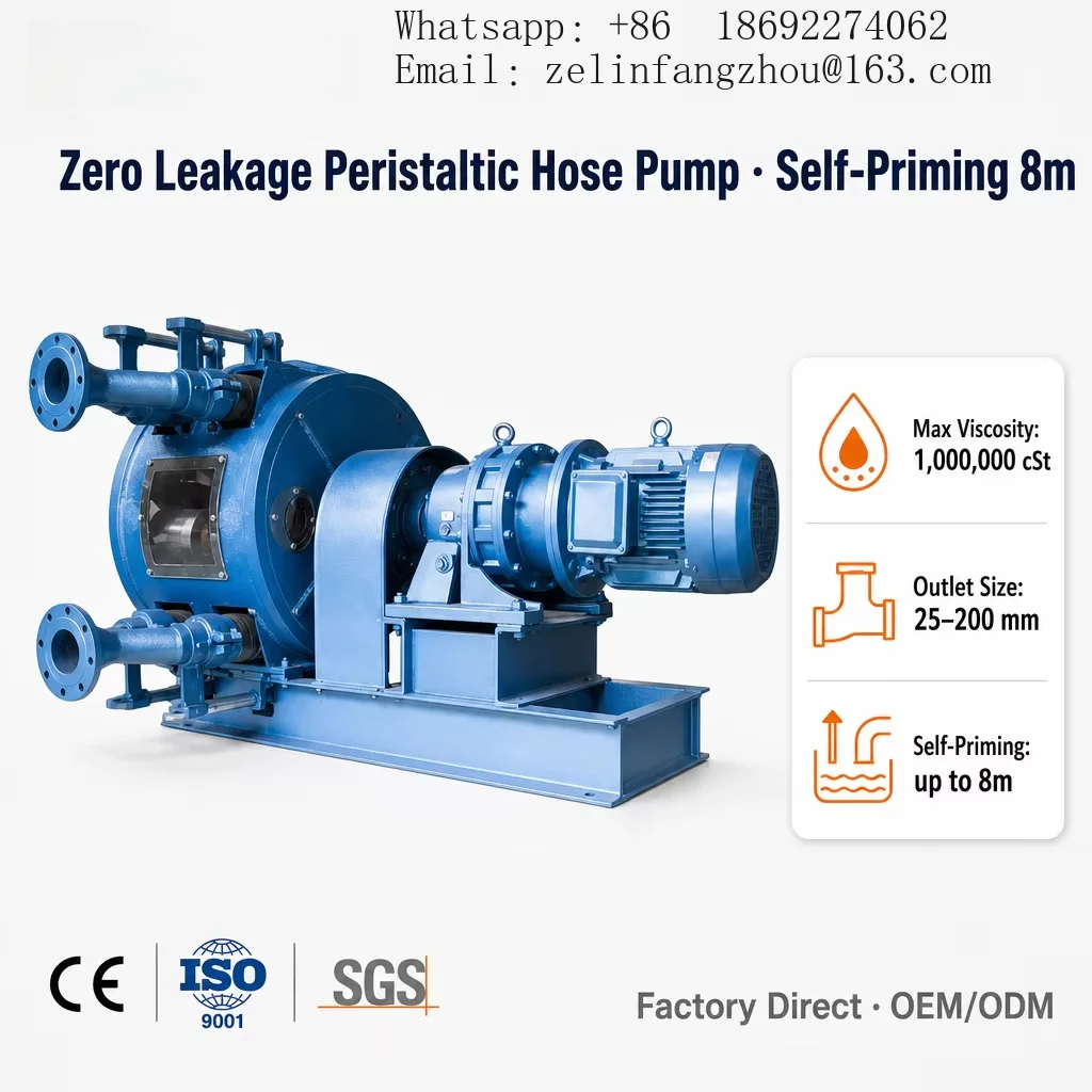 Cast Iron Industrial Peristaltic Hose Pump DN25-DN200 1000000 CSt High Viscosity Low Pressure CE ISO Certified Slurry