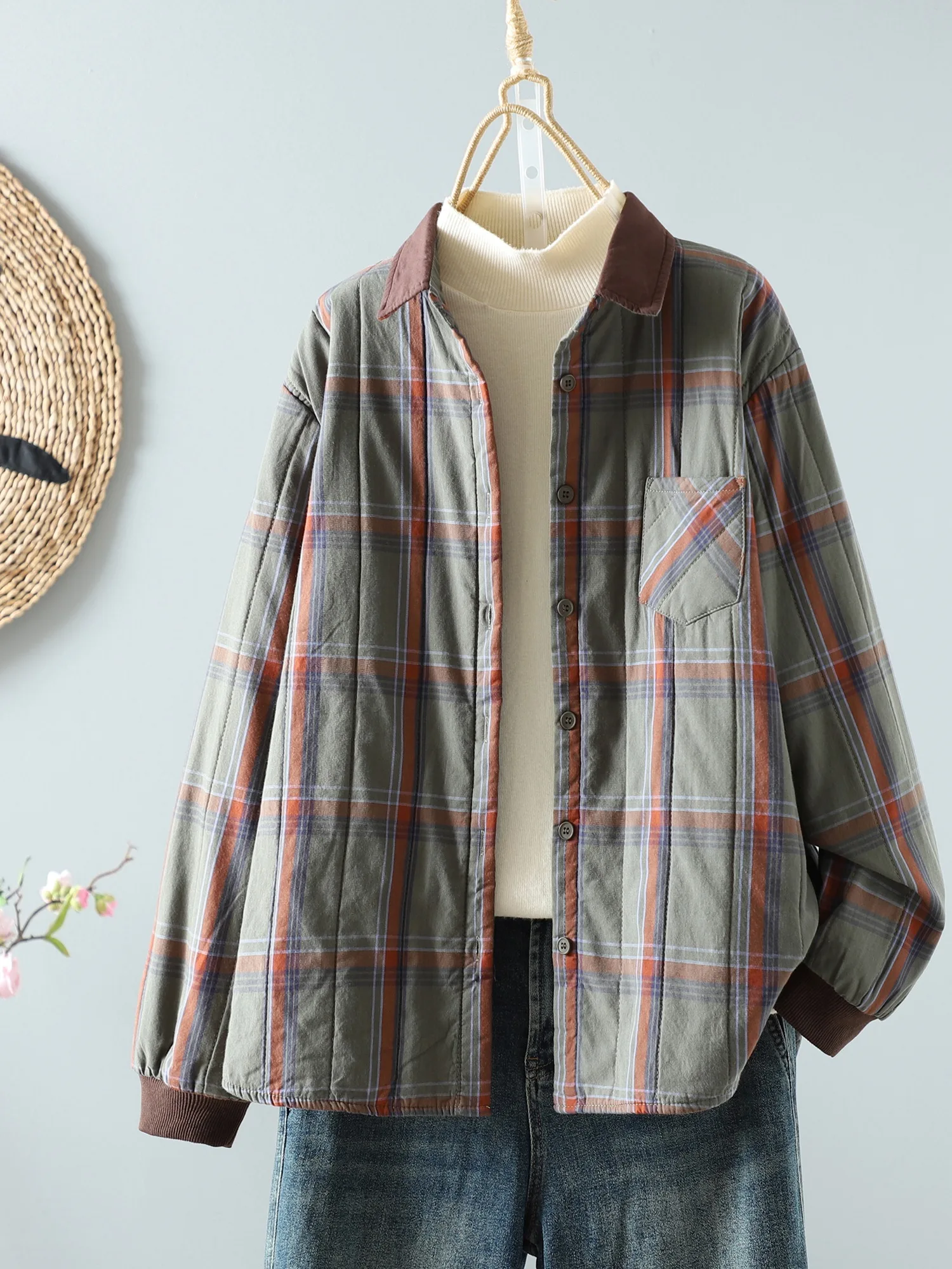 

Retro Plaid Baby Cotton Warmth Ladies Winter Design Collar Loose Cotton Shirt Jacket Collar Long Sleeve Regular Fit