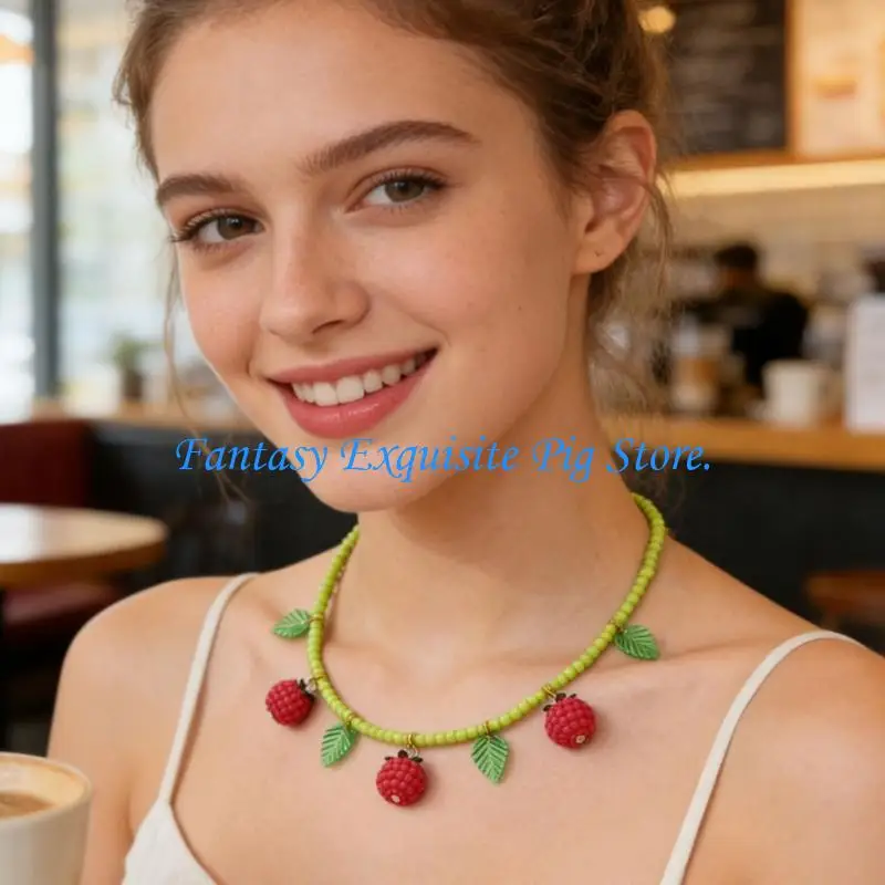 Delightful Acrylic Necklace Featuring Raspberry Pendant and Small Beads 