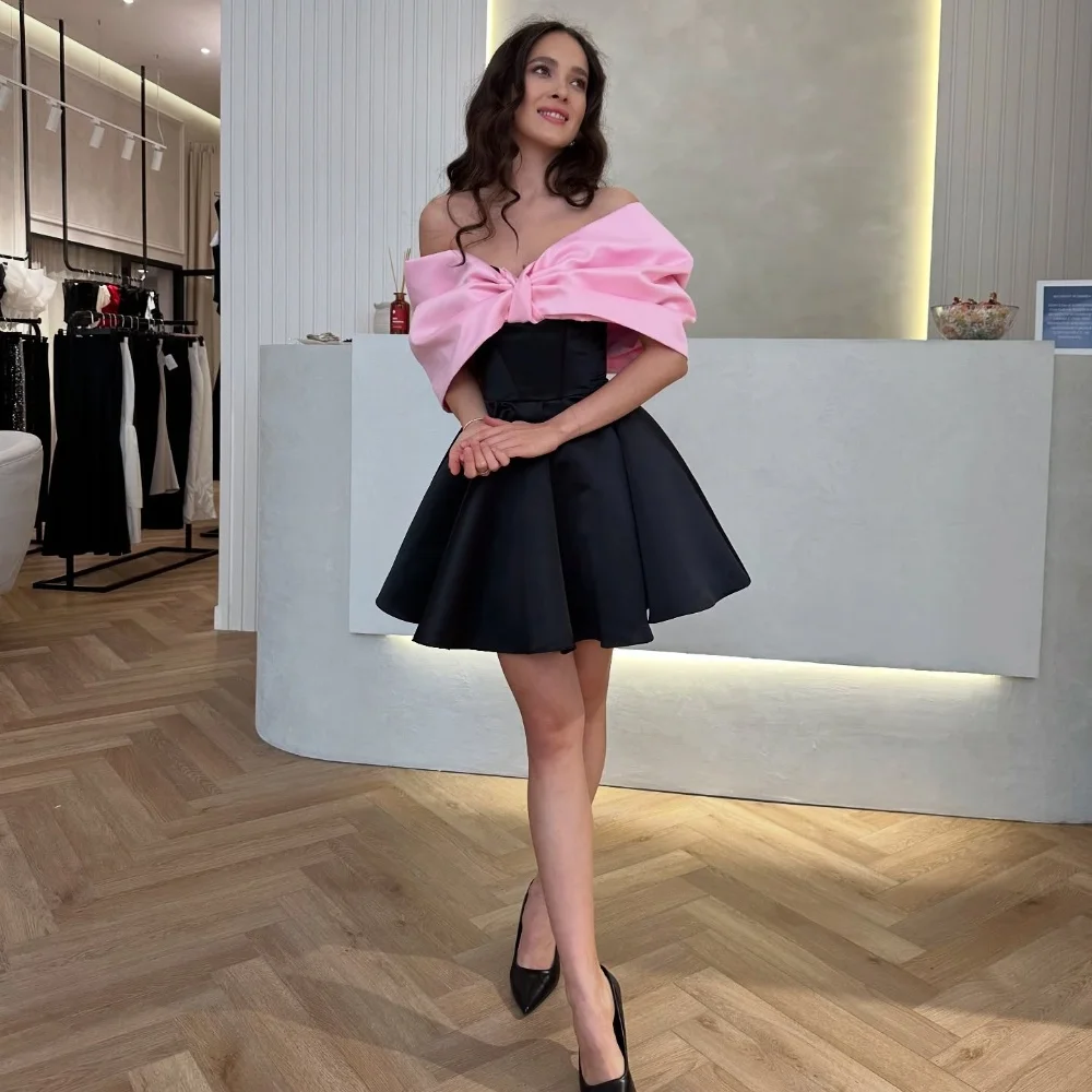 

Customized Matching Simple Pleat Bow A-line Off-the-shoulder Short Dresses Bespoke Occasion Dresses Sizes Available High Quality