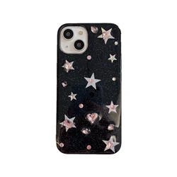 Korean Black Epoxy Glittering Stars Artificial Gems Case for iPhone 16 15 14 13 Pro Max Back Phone Cover for 12 11 Pro Max Capa