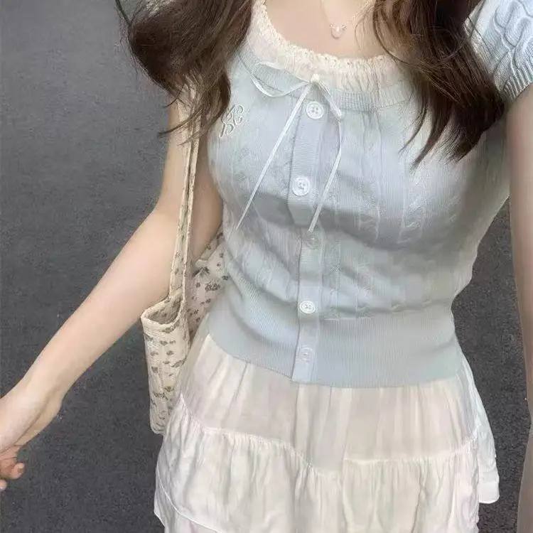 

Summer New Sle Lace Knitted Top ort Sve Knot Sweet Girl White Moonlight ort Model Fem Faion Spring
