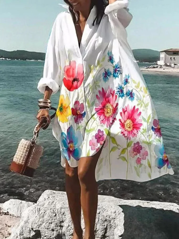 Hotcial Übergroßen Hemd Kleid Frauen Sommer Gedruckt Lange Hülse Lose Kleider Strand Party Vestidos Urlaub Sundressrobe