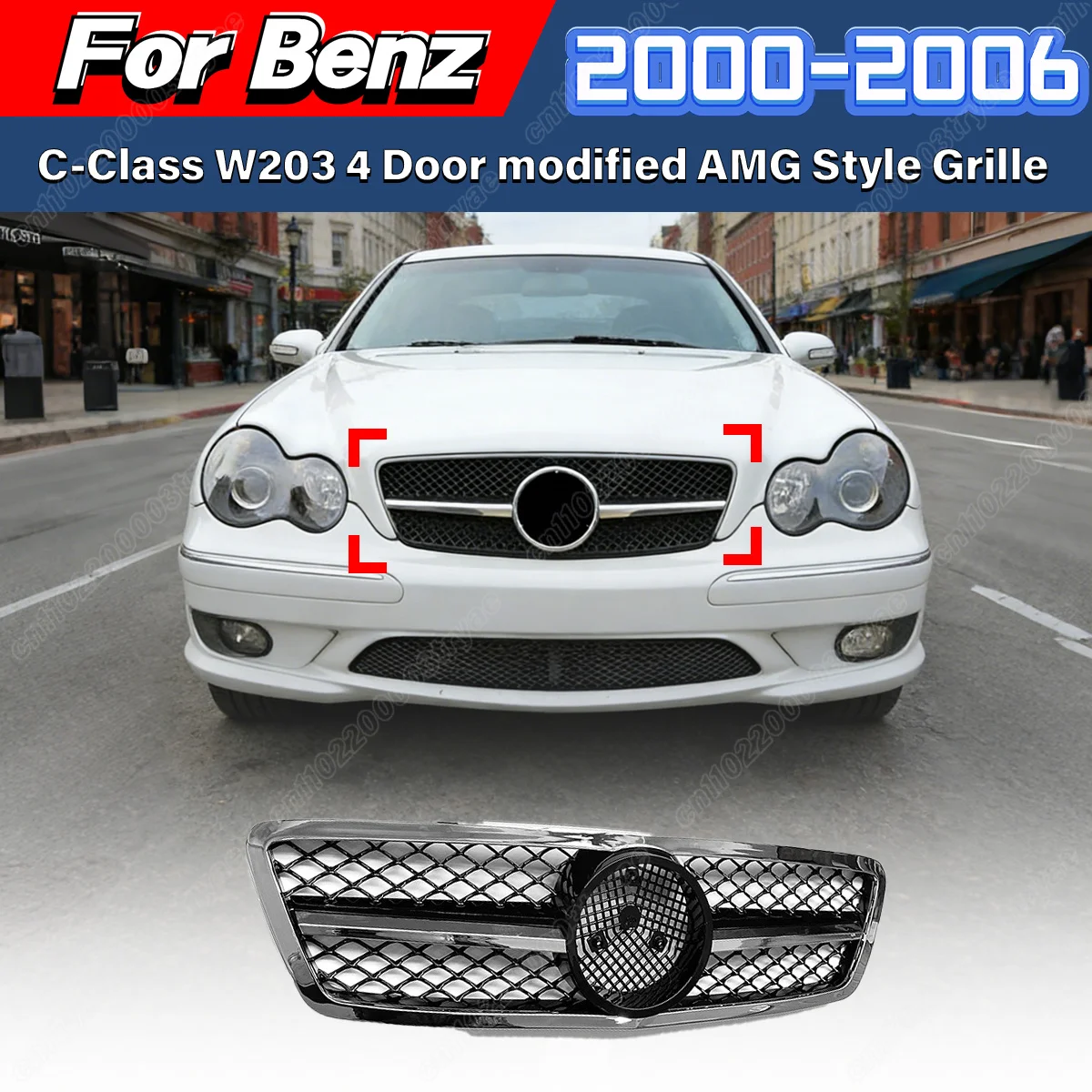 For Mercedes Benz C Class W203 4Door 2000 2001 2002 2003 2004 2005 2006 AMG Style Front Bumper Grille Mesh Body Modification Kit