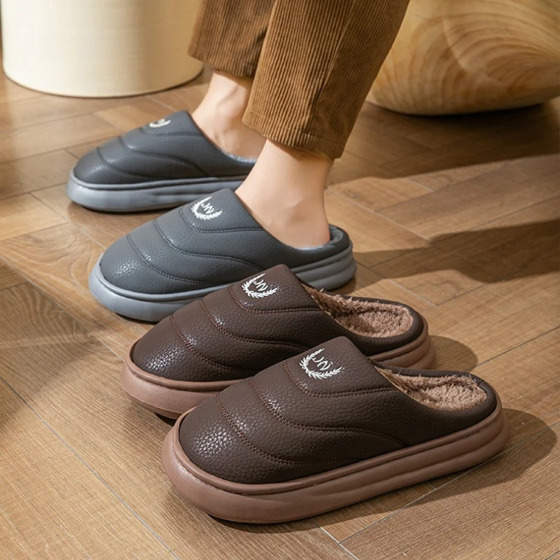 Male Winter Waterproof PU Slippers Extra Large Size 40-51 Anti Slip Thick Bottom Indoor Home Warm Fleece House Slides Footwear
