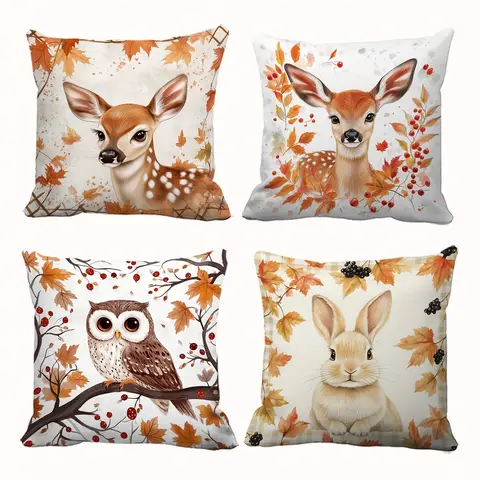4 piezas  funda  almohada con bor  hojas, bayas, animales, ciervo, búho, conejo y rama con hoja  arce, acuada para d