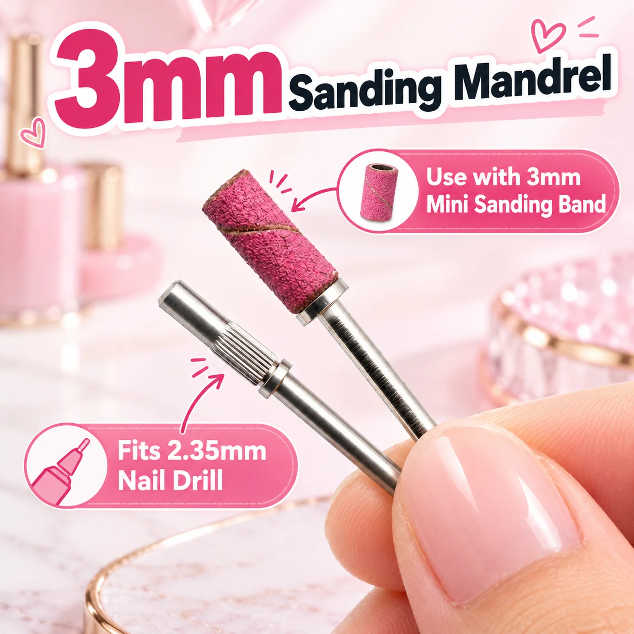 2Pcs Nail Drill Sanding Mandrel Set with 3mm Short And Long Holder 2.35mm Shank for Mini Sanding Bands Electric Manicure Tool