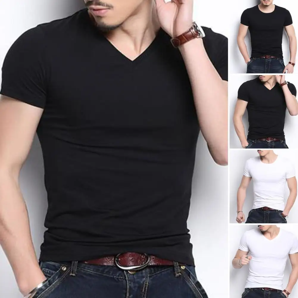 2024 Men\'s Summer T-Shirt Cotton O-Neck V Neck Solid Color Short Sleeve T-shirt for Male T shirts Man Pullover Tops Tees Tshirt