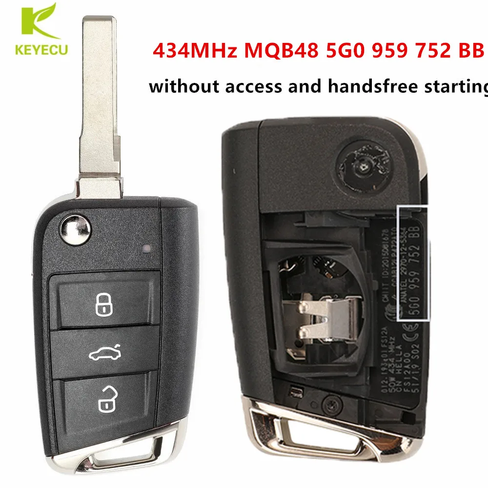 KEYECU Original Flip Remote Key Fob 3 Button 434MHz MQB48 for Volkswagen Golf VII MK7 for Skoda Octavia A7 2017 5G0 959 752 BB