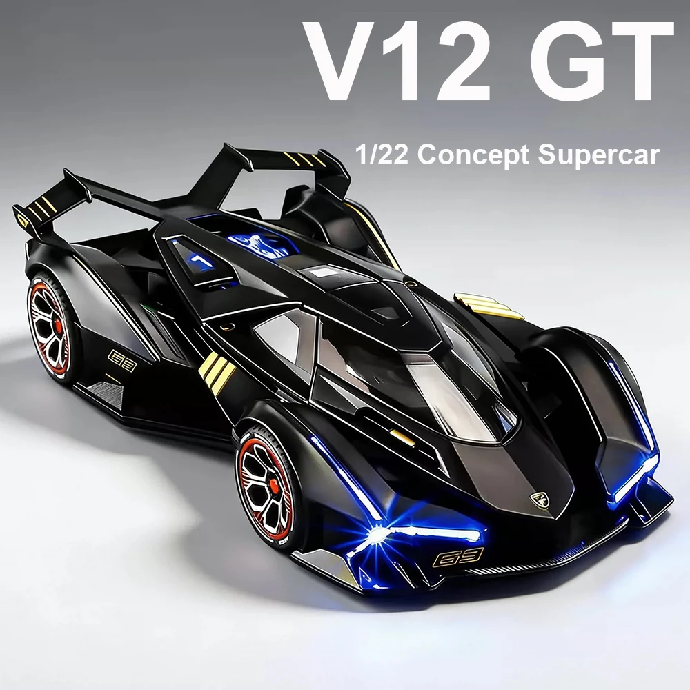 1:22 Scale V12 GT Car Model Toy Doors Opened Sound Light Models Pull Back Alloy Diecast Supercars for Husband Holiday Surprise