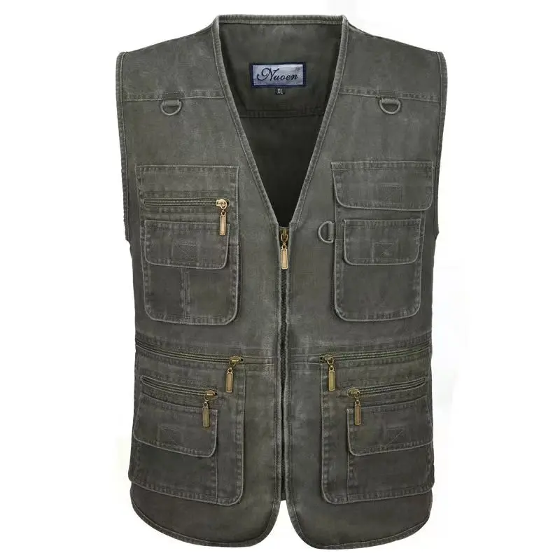 Men's Cotton Vest Jacket Loose Fishing Outdoor Casual Vest with Multiple Pockets Business Casual Style V-Neck Zipper Closure