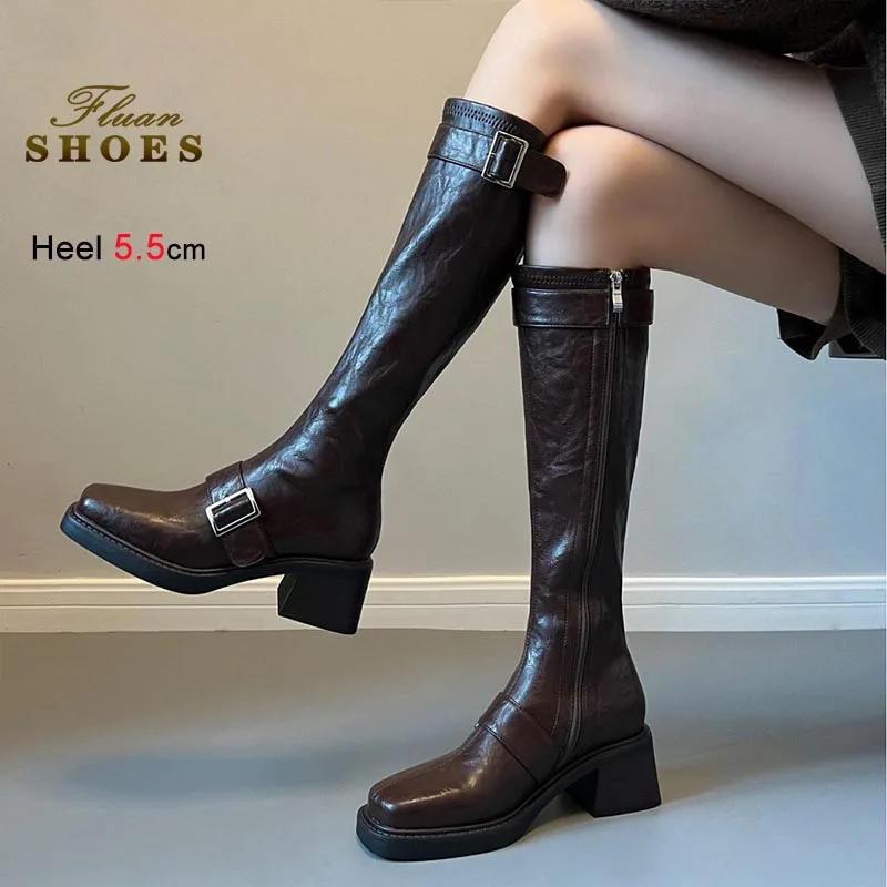 

Autumn Winter Women Warm Long Boots Black 5.5CM Coarse Heel Knee Length Boots Fashion Leather Buckle Casual Lady Shoes Tall Boot