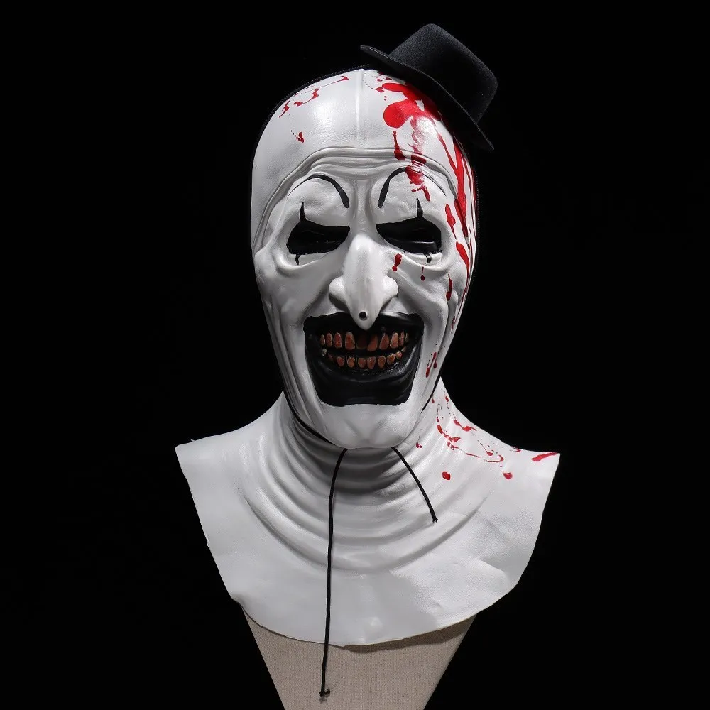 

Terrifier Art The Clown Mask Cosplay Scary Bloody Demon Evil Joker Hat Latex Helmet Halloween Carnival Party Costume Props