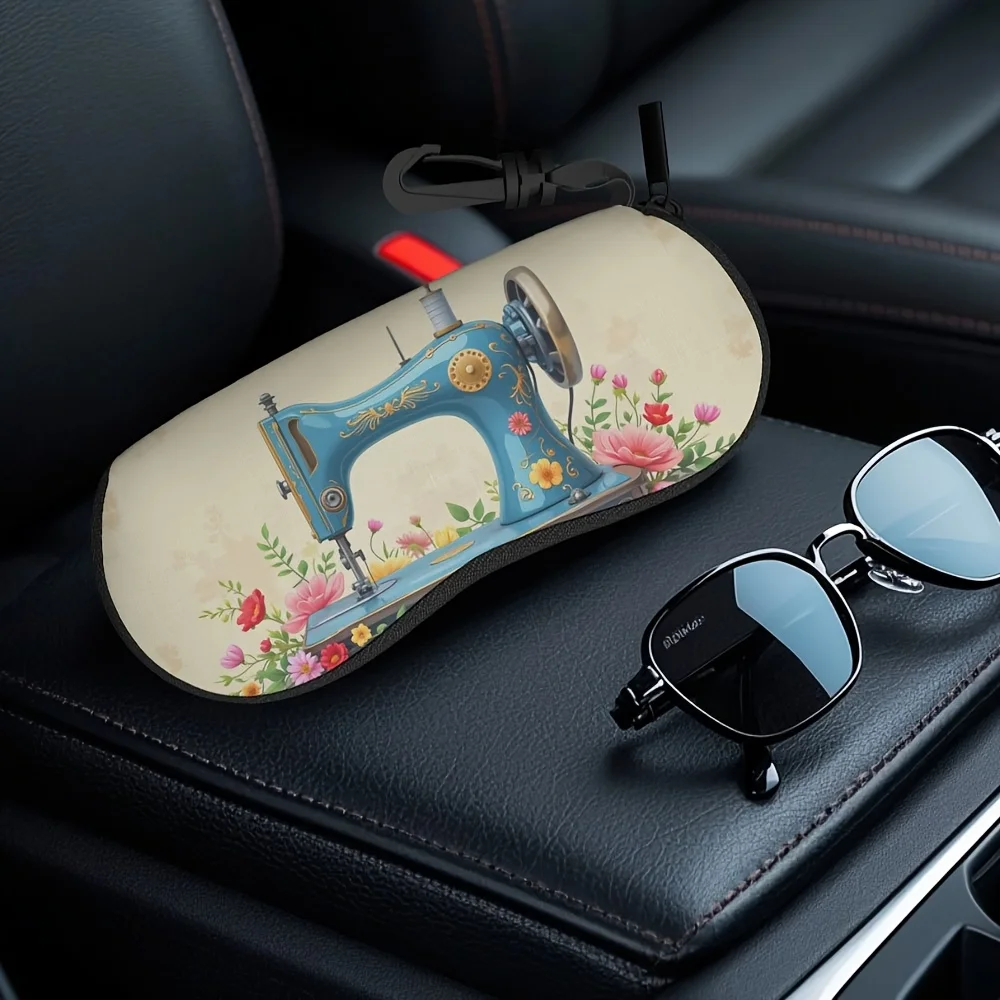 1pc, Flower Art Sewing Machine Pattern Fashion Glass Case with Buckle Clip, Great for & Fun, Zippered Eyeglass Pouch