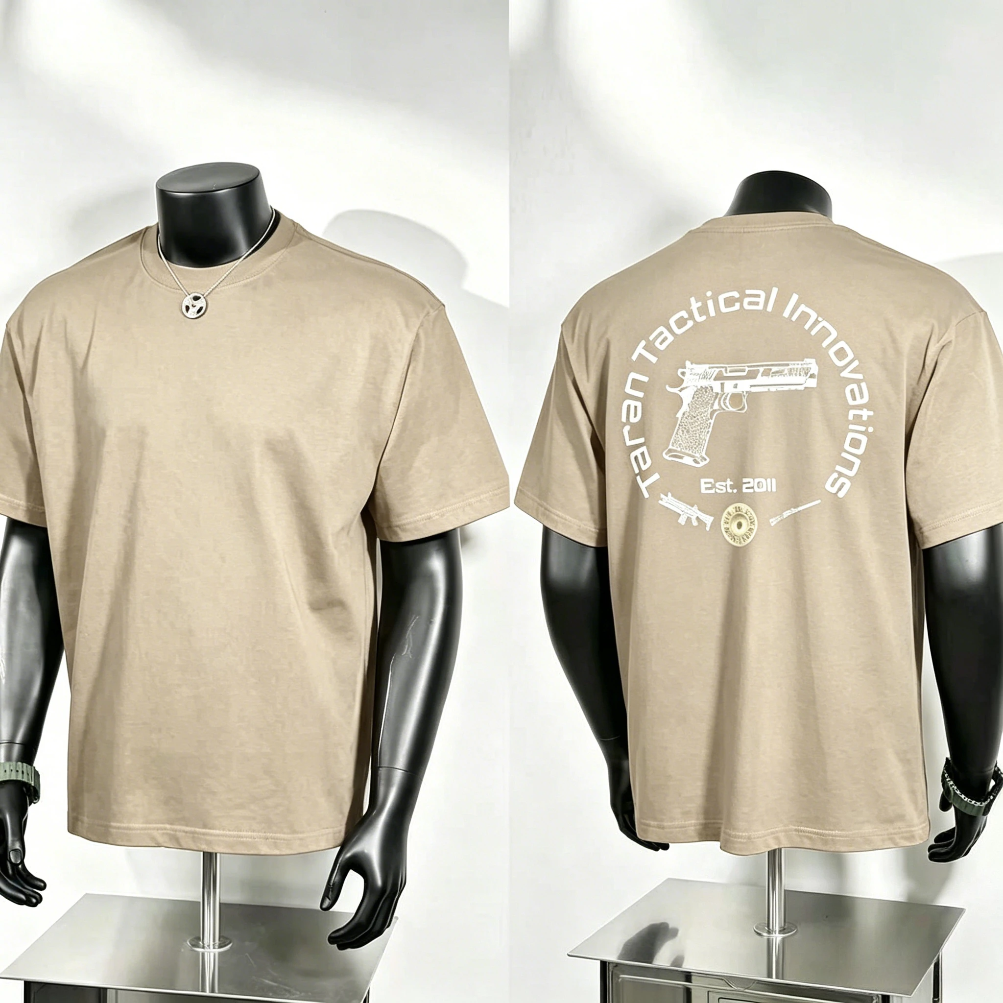 Taran Tactical Innovations Graphic T Shirt, Handgun Silhouette Front Print and Circular Badge Gun Print, Shooting Culture Tee