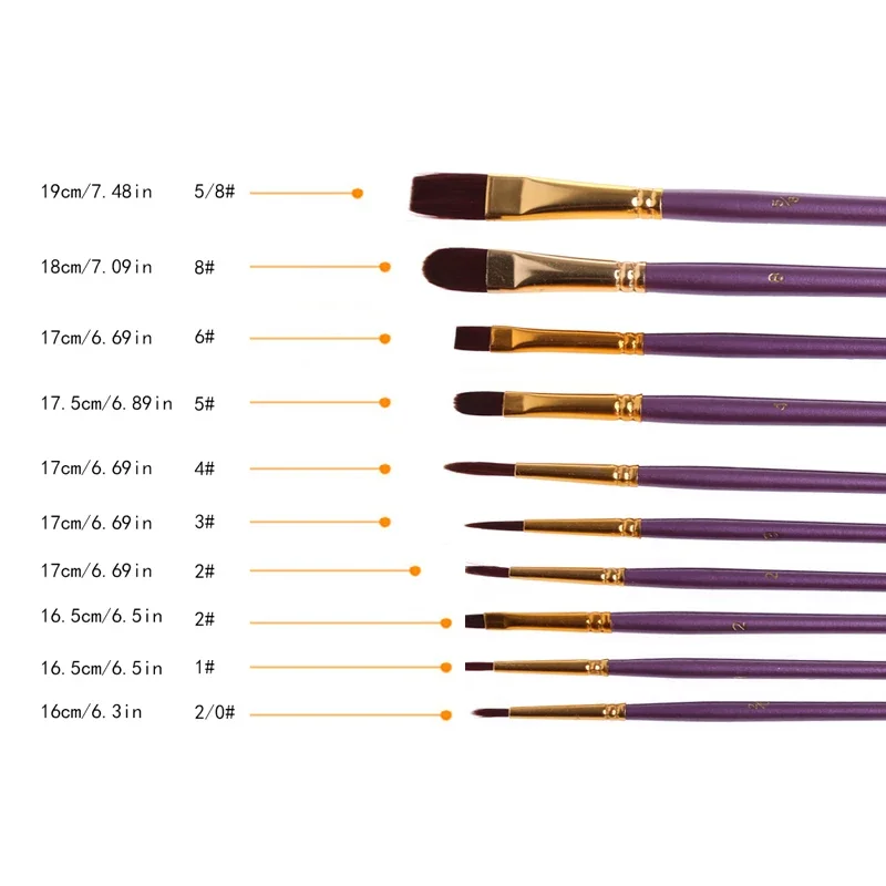 10Pcs Artist Paint Brush Set Nylon Hair Watercolor Acrylic Oil Painting Drawing