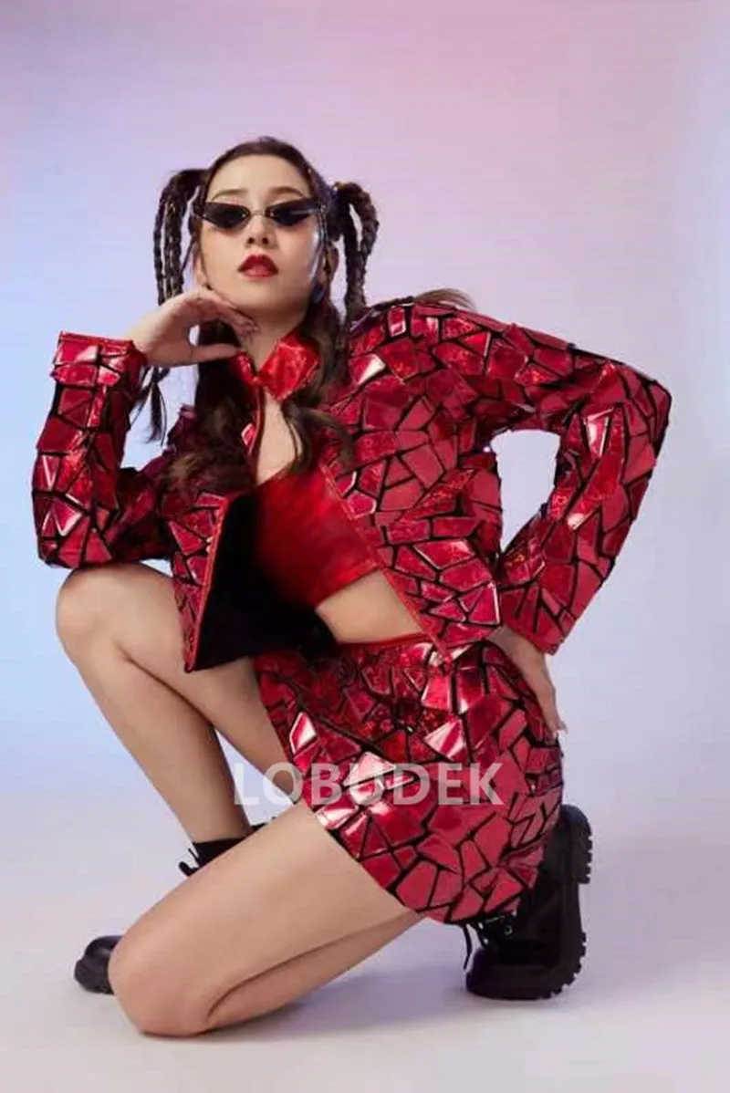 Adulto feminino equipe jazz dança traje vermelho laser espelho jaqueta saia desempenho palco roupa boate bar hip hop roupas
