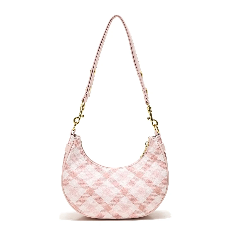 2026 Spring/Summer New Color-Contrasting Check Half Moon Hobo Bag for Women Fashionable Zipper Underarm Bag Daily Commuting