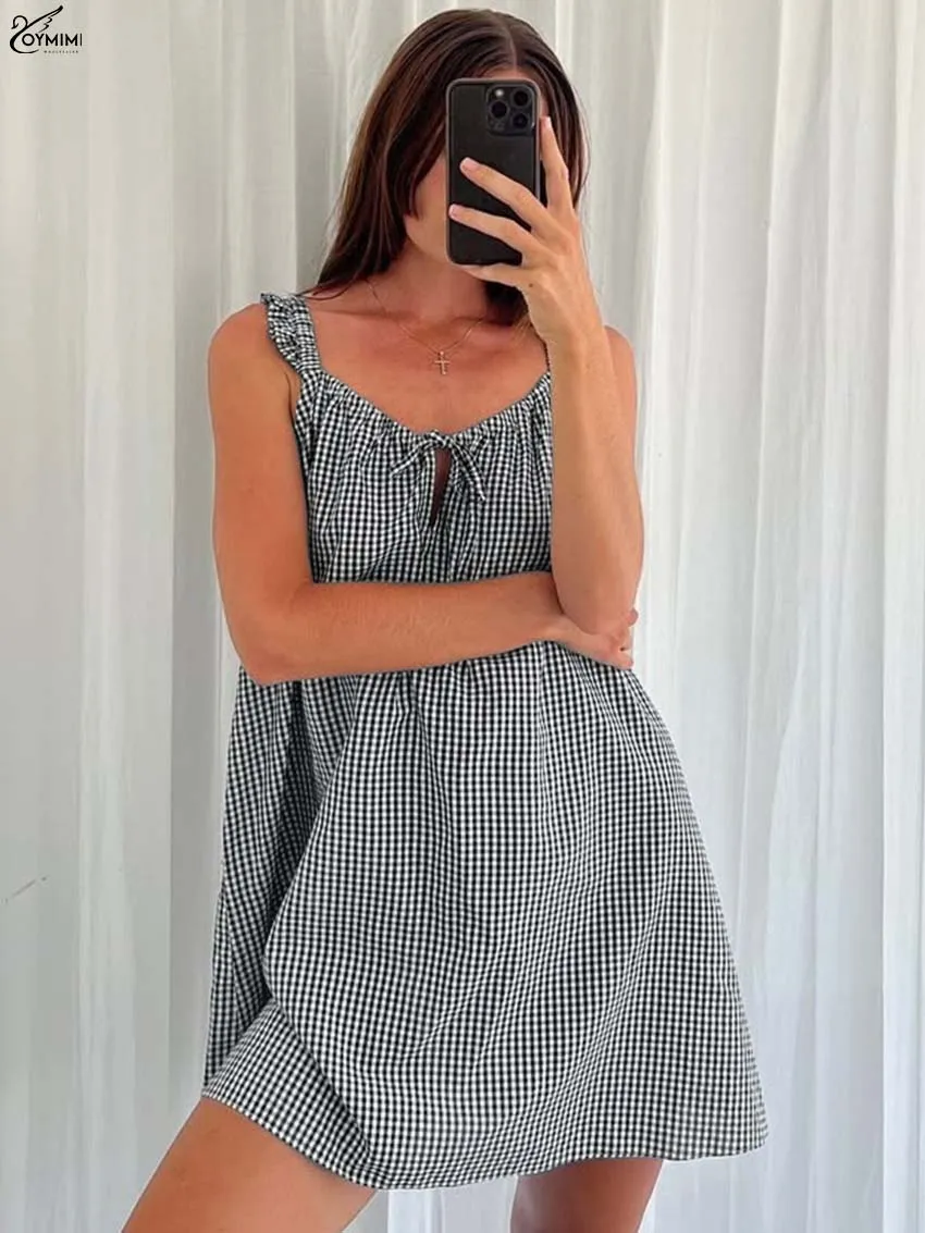 

Oymimi Casual Black Print Women's Dress Summer Loose Spaghetti Strap Lace-Up Dresses Fashion Ruffled Mini Dresses Streetwear