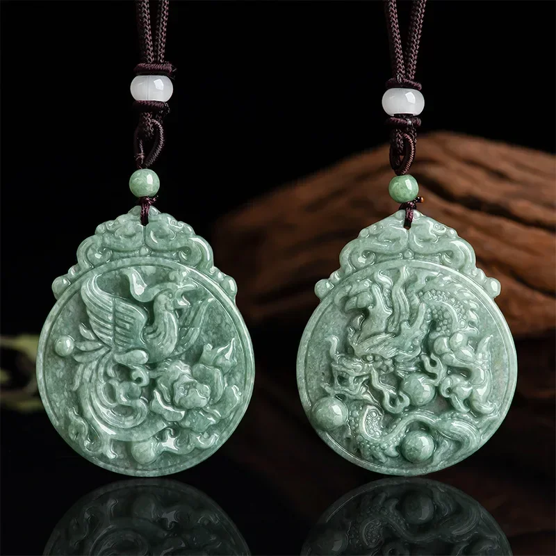 

Jiale/ Hand-carved/ Natural Myanmar Jade Zodiac Dragon Phoenix Brand Emerald Necklace Pendant for Men and Women Couple Gift