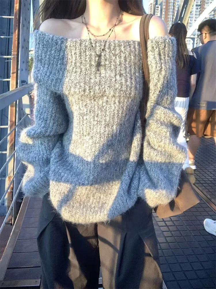 

Женский серый вязаный свитер с разрезом на шее, пуловер в корейском стиле 2025 года, осень-зима, винтажный женский модный свитер, повседневная верхняя одежда