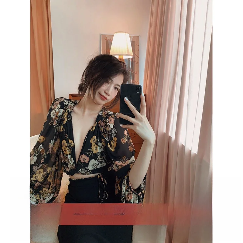 

Lowey Cherry Blossom Print Lantern Sve Wrap ort Sexy Chiffon Top Women's Original Design Slim Fit V-ne Polyester Fiber