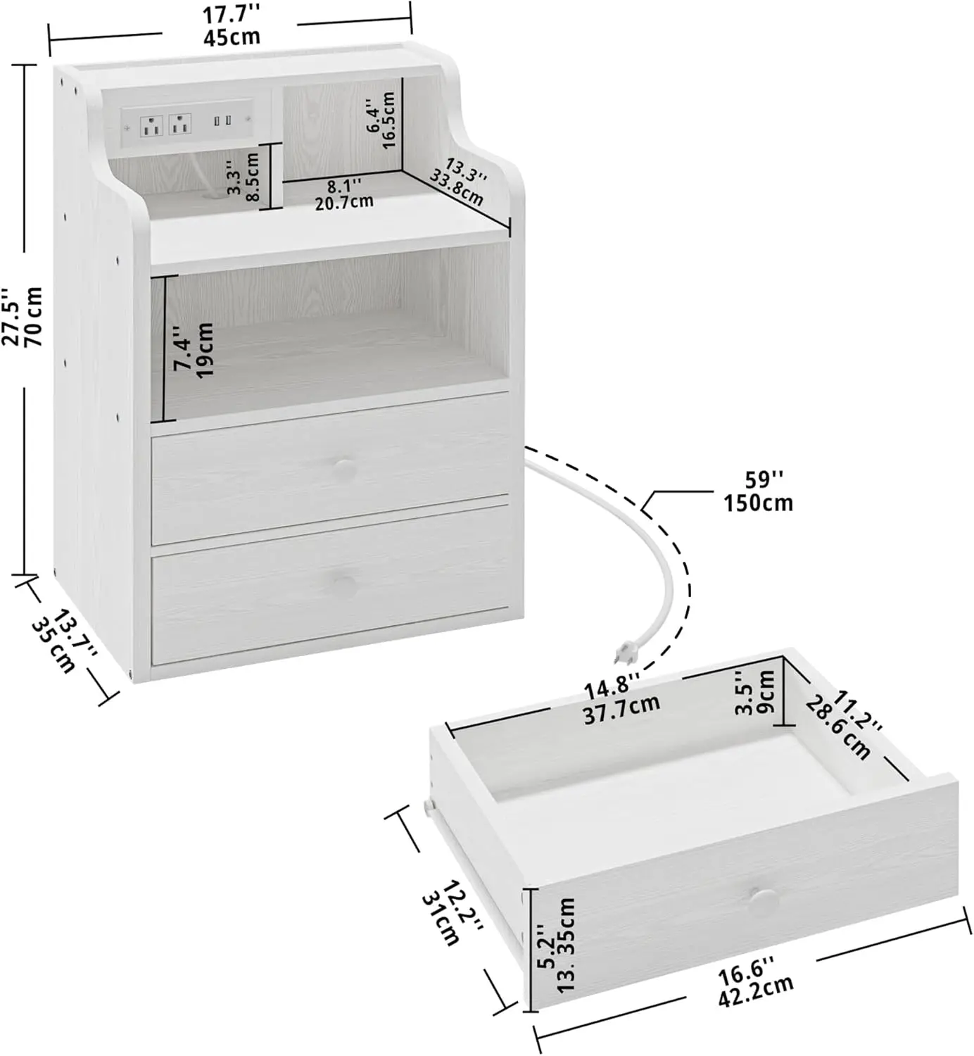 White Nightstand with Charging Station 2Drawers and Storage Shelves, Left and Right Interchangeable Sockets Bed Side Table Night