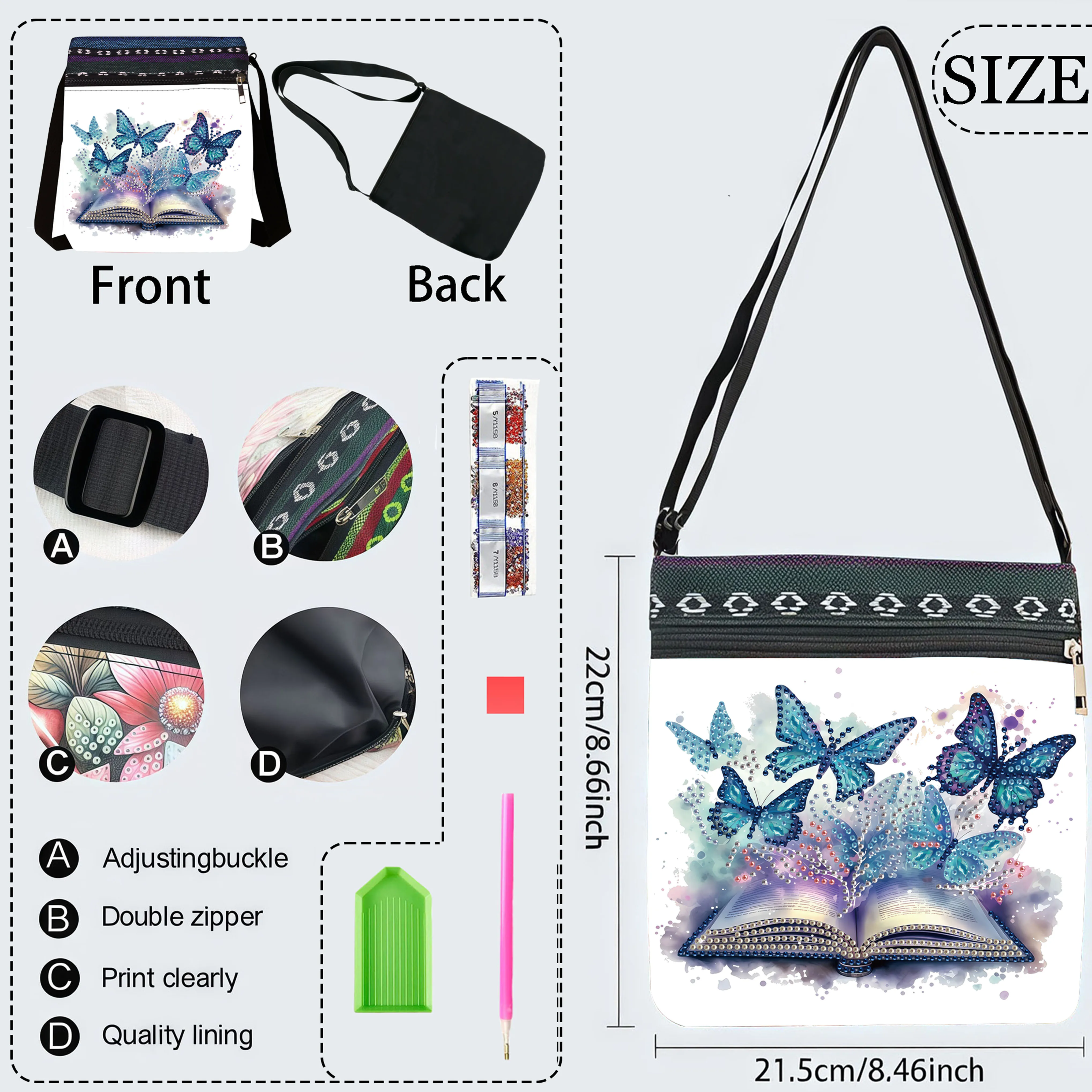 1 Piece Diamond Painting kit Messenger bag Butterfly pattern canvas Material suitable for home Storage, travel and play Carrying