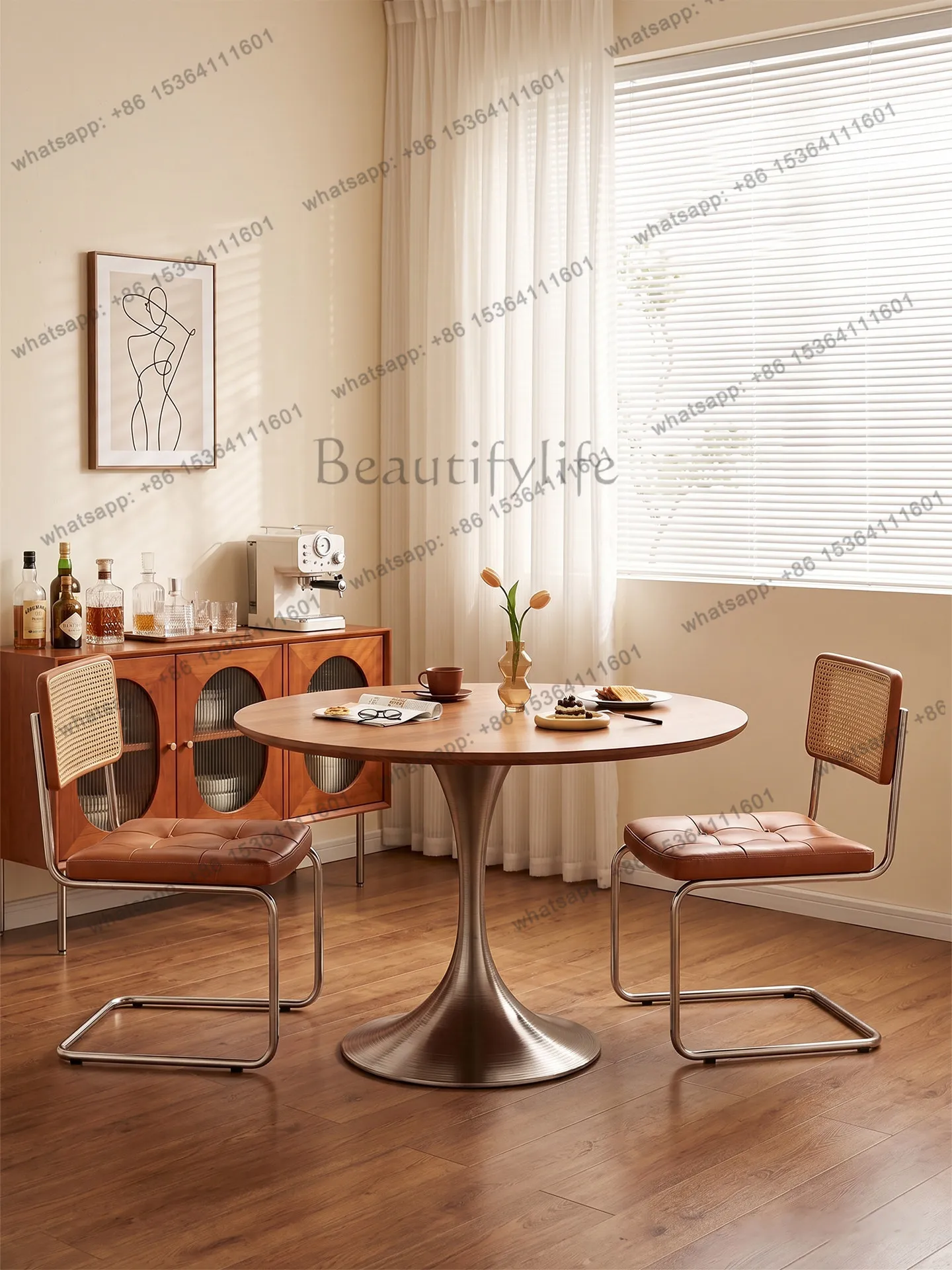 PJ medieval round table retro solid wood rock slab household small apartment light luxury