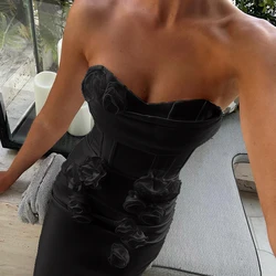 New Black Color Women Sexy Strapless Florals Off the Shoulder Bodycon Bandage Long Dress Fashion Celebrate Nightclub Party Dress