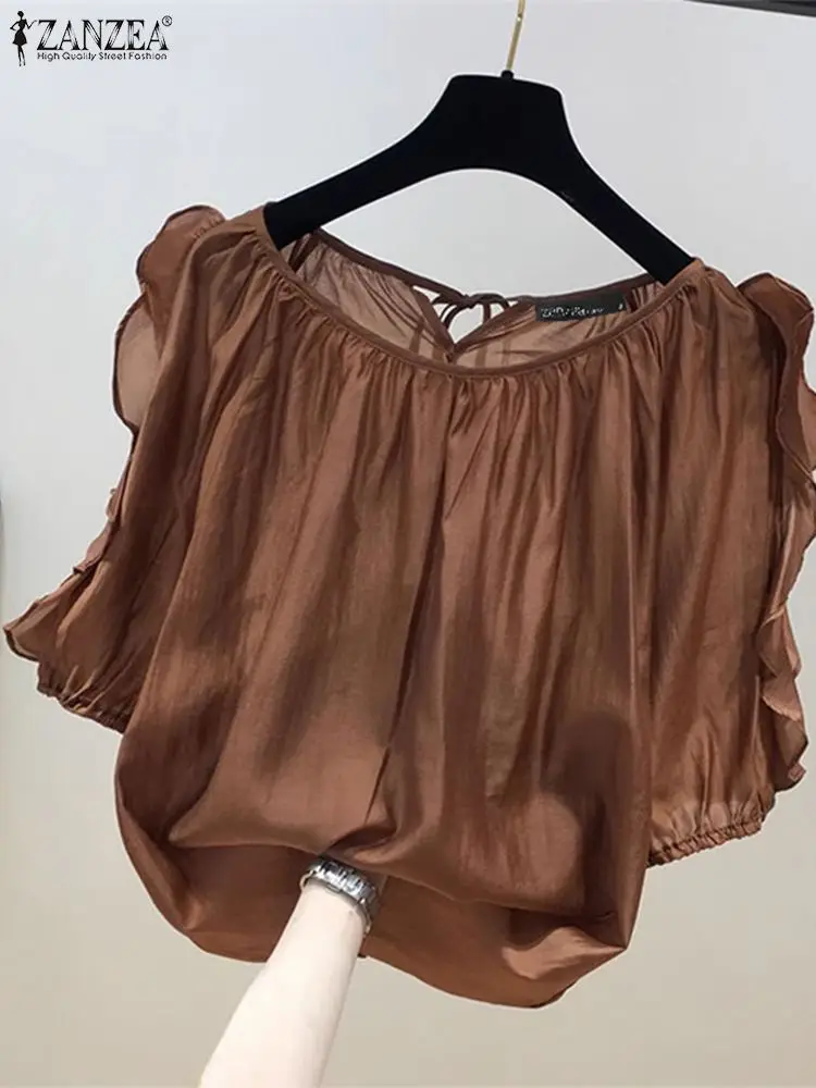 ZANZEA Camicetta con spalle scoperte alla moda Camicetta da donna con volant a mezza manica Top Chic Cinghie posteriori Tunica a pieghe Camicie larghe casual estive