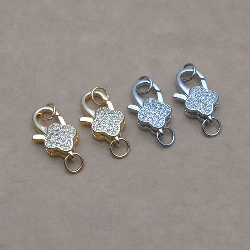 5pcs/lot Four-leaf Clover Shape Brass Metal Lobster Clasps Inlaid Zircon Lobster Clasps Hooks Connector Jewelry Accessories