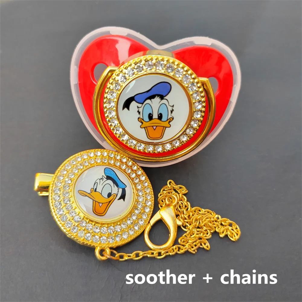 Disney Gold Bling Pacifier and Double Circle Rhinestones Holder Chains Mickey Mouse Print Chupeteors for Babies Boys Girls Gifts