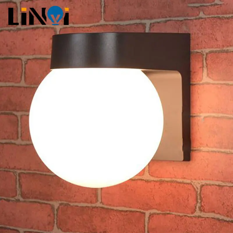 

Modern Loft Led Outdoor Porch Light, Black White PC Base Milky Acrylic Lampshade E27 Ball Outdoor Wall Lamp Up Down Wall Lamp