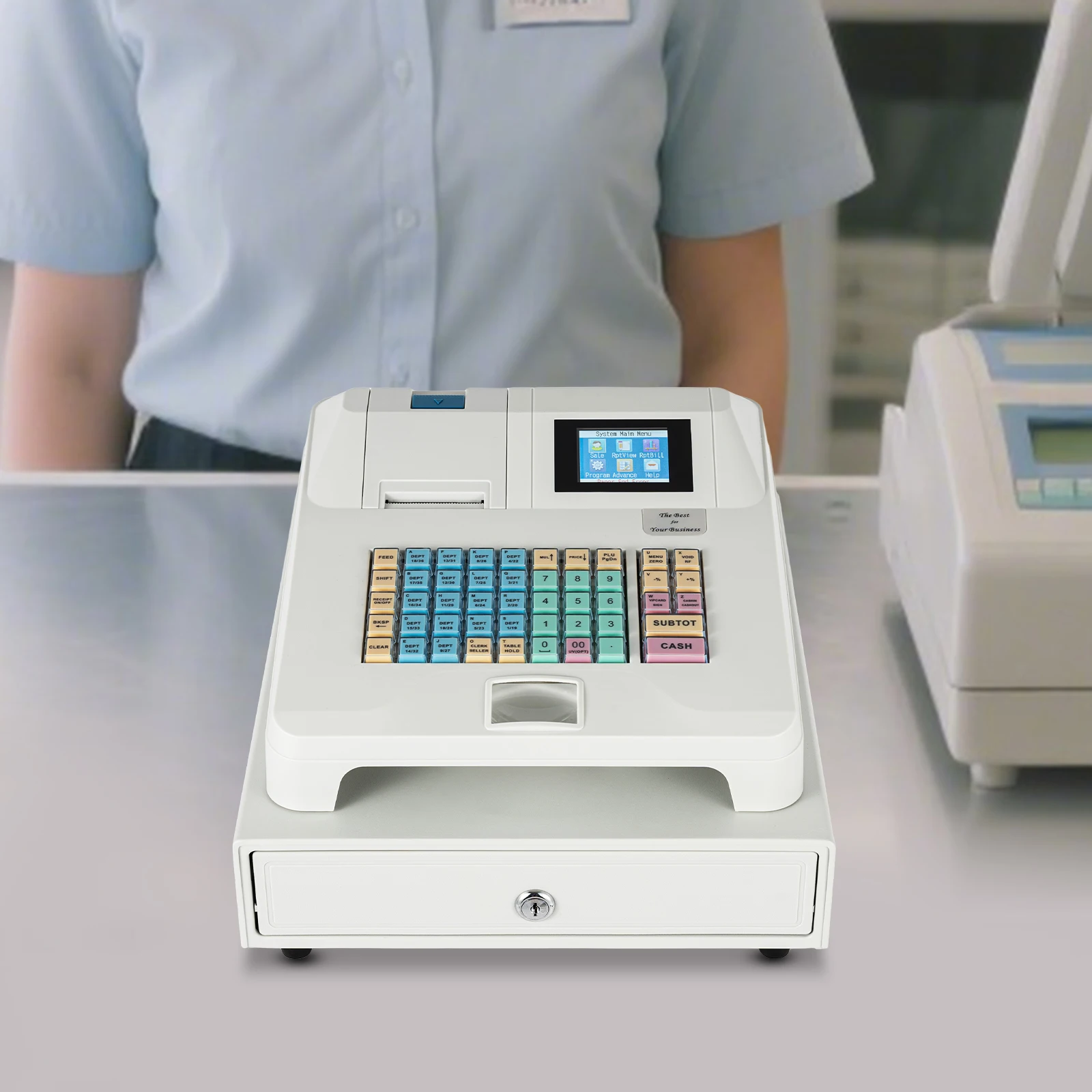 48 مفتاحًا ماكينة تسجيل النقود الإلكترونية مع نظام Pos وصينية النقود القابلة للإزالة وشاشة مشغل LCD واجهات متعددة #1