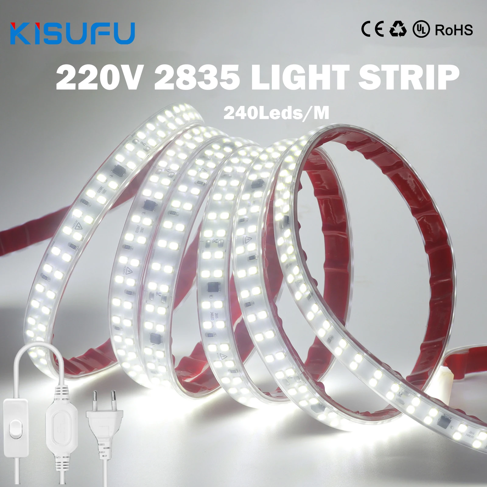 240LED/m LED Strip Light 220v EU Plug 2835 Tape Adhesive with IC Flex Tape Diode Lamp Waterproof Vanity Cabinet Home Decor 1-50M