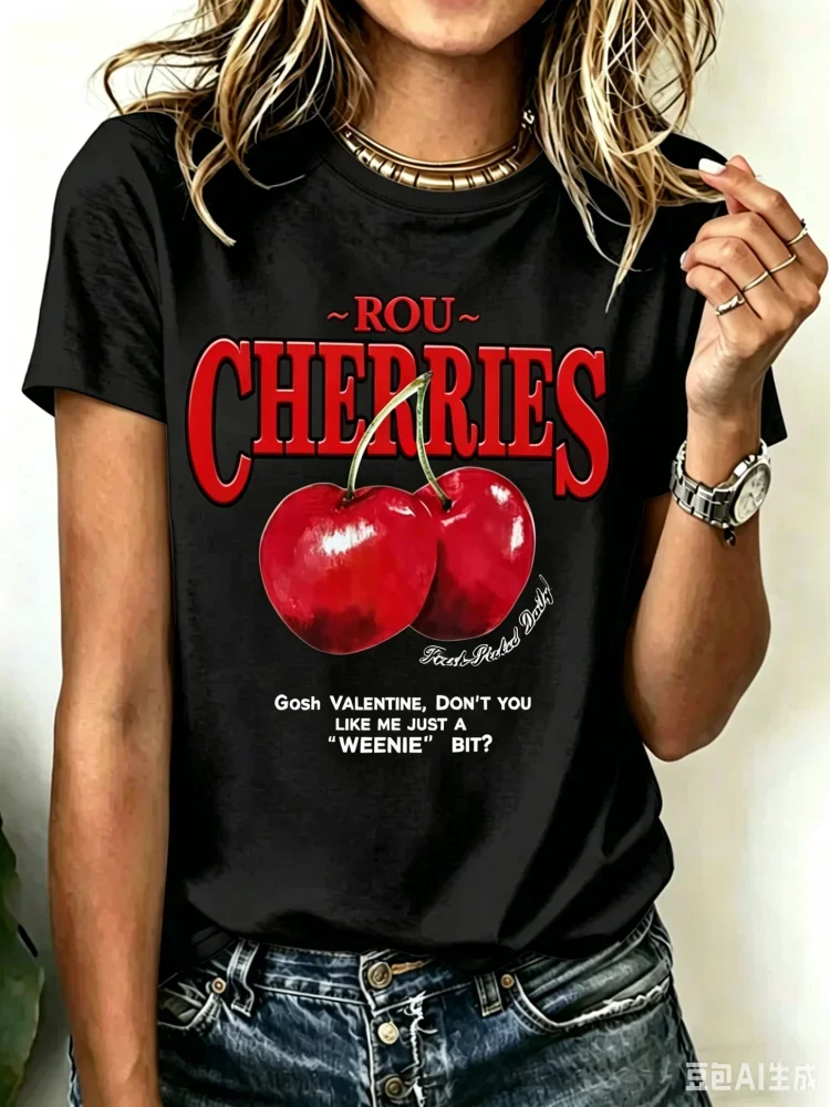 2026 Modisches Neues Kirsch-Grafik-T-Shirt für Damen Sommer Lässiges Rundhals-T-Shirt Trendige Streetwear Damenkleidung
