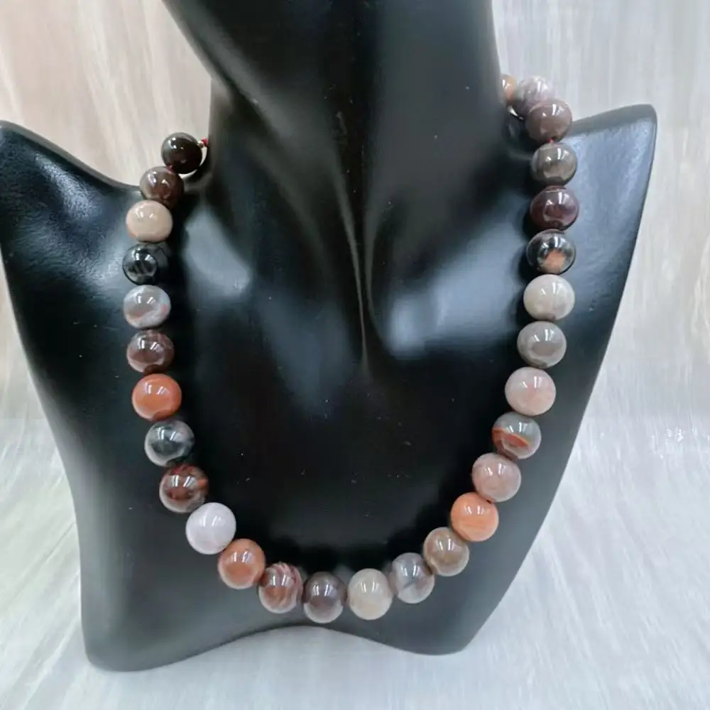 12mm Genuine Natural Stone Wood Fossil Jasper Charm Round Vintage Beads Jewelry Energy Lucky Necklace 17-20inch