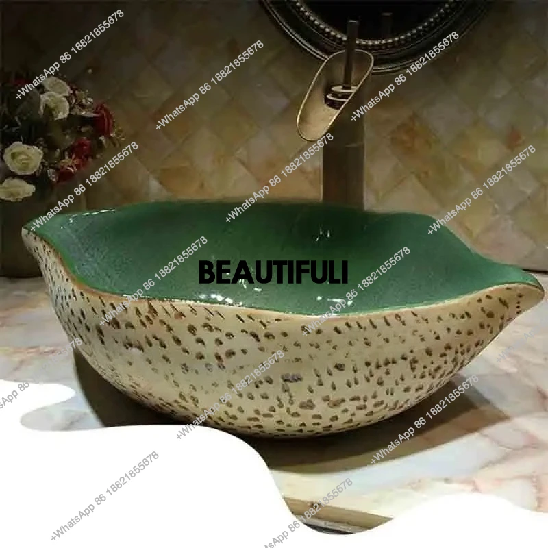 Ceramic Basin Retro Leaf Art Basin Chinese Style Antique Shaped Wash Basin Balcony Hand Wash Sinks Personality Countertop Sinks