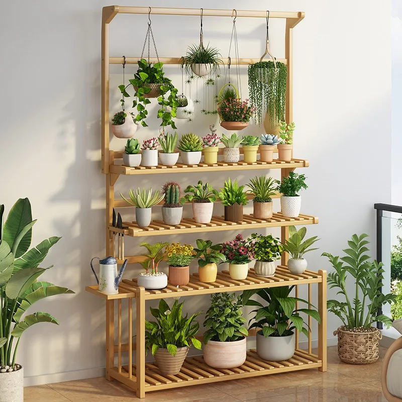 Rack de flores de varanda de bambu, rack de armazenamento de sala de estar, rack de orquídea pendurado multicamadas, vaso de flores carnudo, escada, rack de bonsai