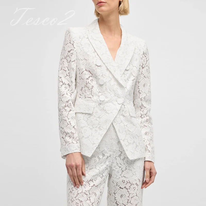 Tesco Fashion Thin Lace Suit Jacket Trousers 2 Piece Women\'s Pants Sets Double Breasted White Elegant Wedding Party Pantsuit