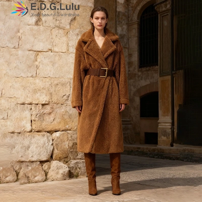 

EDGLuLu 2025, осеннее новое свободное шерстяное пальто с отложным воротником для женщин, элегантное коричнево-красное длинное шерстяное пальто + ремень 1101