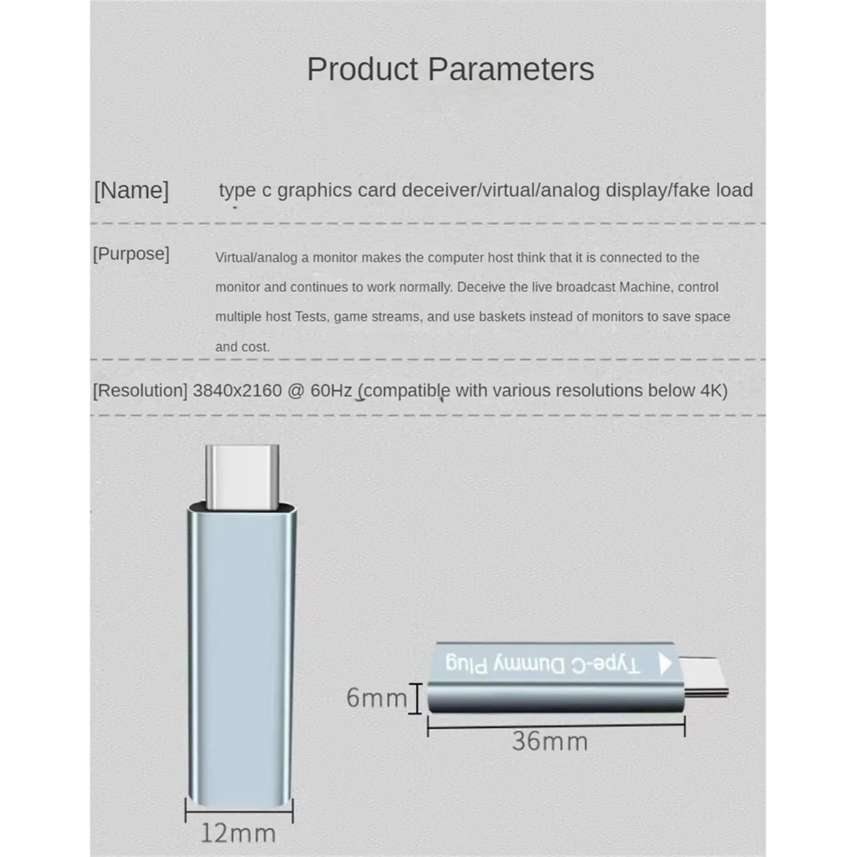 Adaptador de pantalla Virtual USB tipo C, enchufe simulado DDC EDID, emulador de pantalla fantasma sin cabeza, carga simulada 4K @ 60Hz HYP