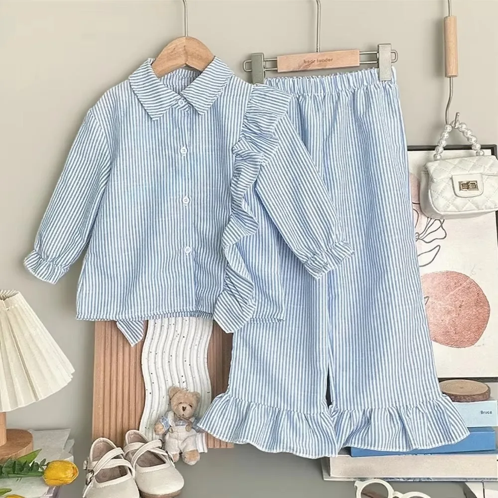 Children Girls 2 Piece Outfit Spring and Autumn Fall Blue Stripe Lapel Shirt Ruffle Hem Wide Leg Pants Toddler Korean Style Suit
